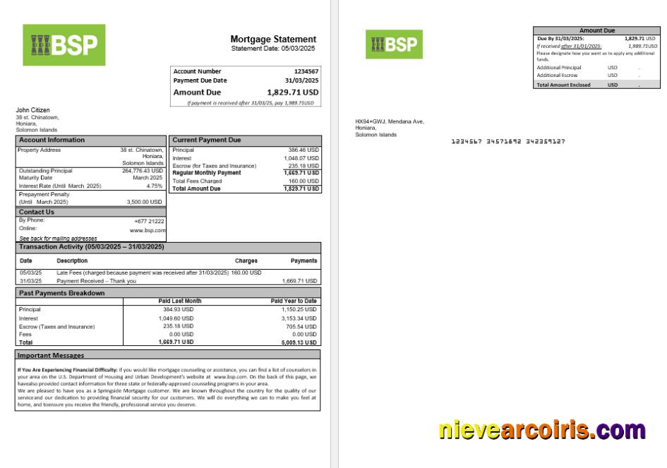 Solomon Islands BSP bank mortgage statement